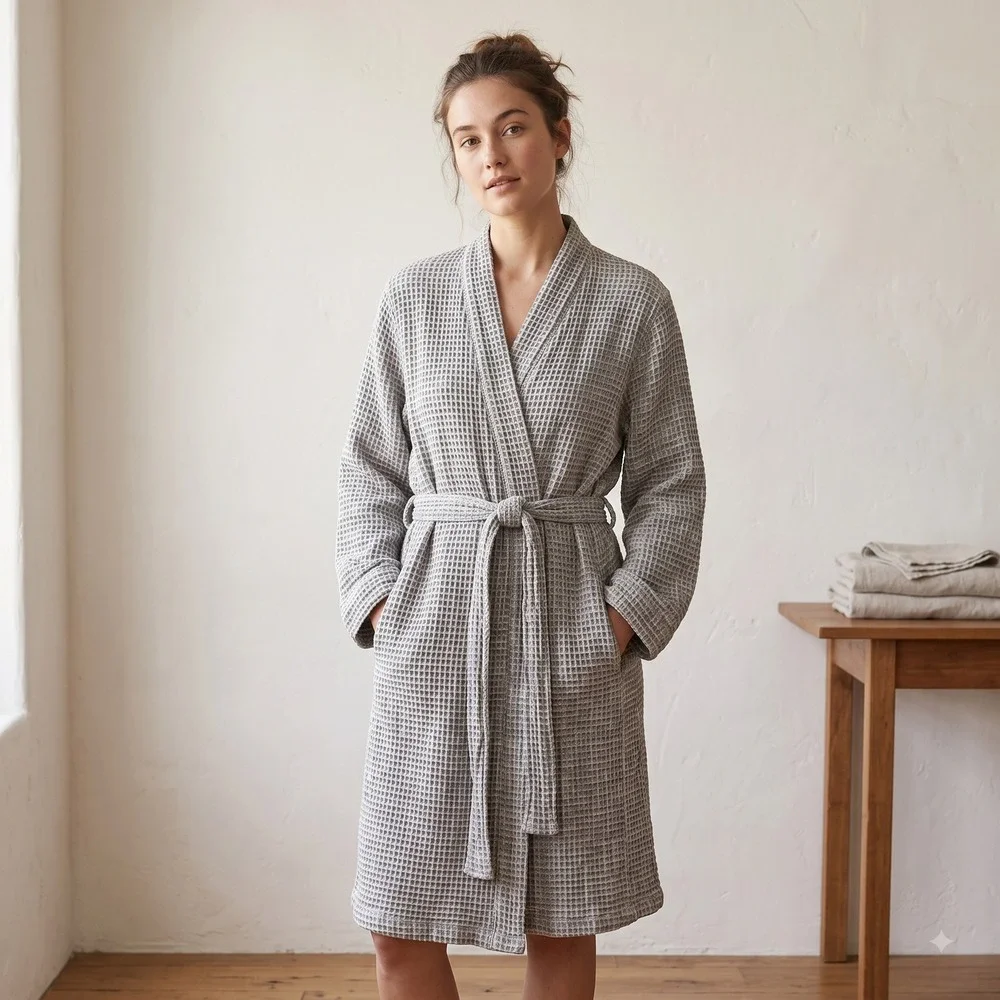 Parachute Womens Waffle Robe Medium Grey Textured Cotton Spa Loungewear